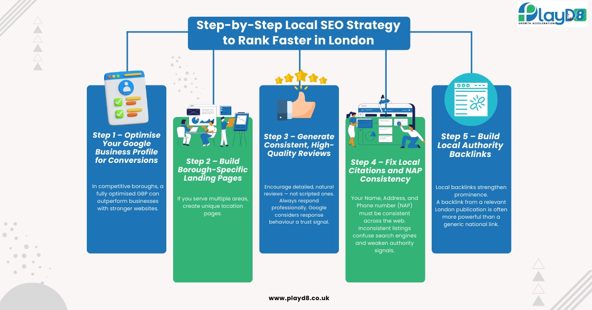 Step-by-Step Local SEO Strategy to Rank Faster in London - playD8 LTD UK